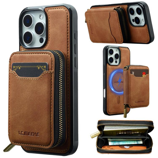 For iPhone 16 Pro Max LC.IMEEKE L6 Series Zipper Card Bag MagSafe Magnetic Phone Case(Brown)