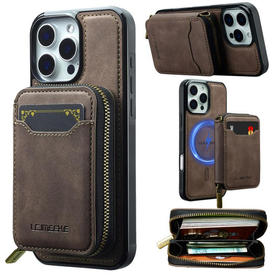 For iPhone 16 Pro Max LC.IMEEKE L6 Series Zipper Card Bag MagSafe Magnetic Phone Case(Coffee)