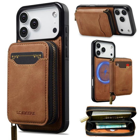 For iPhone 18 Pro / 17 Pro LC.IMEEKE L6 Series Zipper Card Bag MagSafe Magnetic Phone Case(Brown)