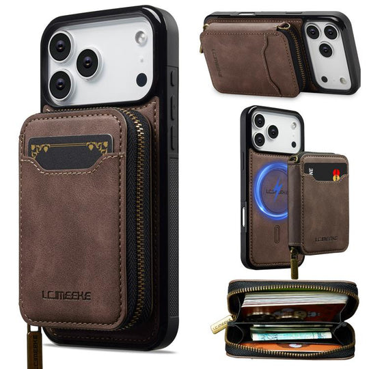 For iPhone 18 Pro / 17 Pro LC.IMEEKE L6 Series Zipper Card Bag MagSafe Magnetic Phone Case(Coffee)