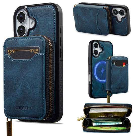 For iPhone 17 LC.IMEEKE L6 Series Zipper Card Bag MagSafe Magnetic Phone Case(Blue)