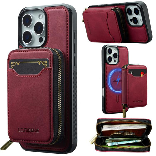 For iPhone 15 Pro Max LC.IMEEKE L6 Series Zipper Card Bag MagSafe Magnetic Phone Case(Red)