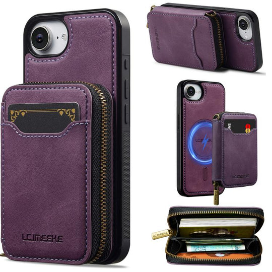 For iPhone 17e / 16e LC.IMEEKE L6 Series Zipper Card Bag MagSafe Magnetic Phone Case(Purple)