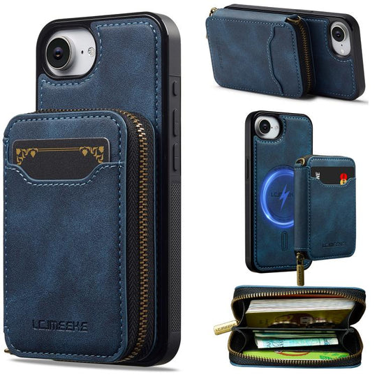 For iPhone 17e / 16e LC.IMEEKE L6 Series Zipper Card Bag MagSafe Magnetic Phone Case(Blue)
