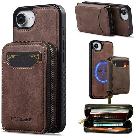 For iPhone 17e / 16e LC.IMEEKE L6 Series Zipper Card Bag MagSafe Magnetic Phone Case(Coffee)