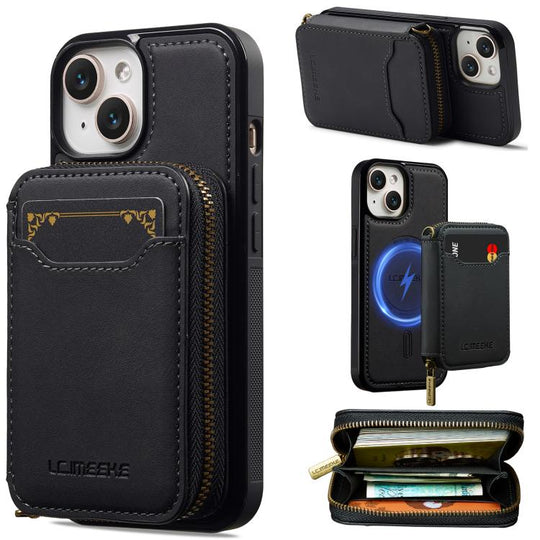 For iPhone 15 Plus LC.IMEEKE L6 Series Zipper Card Bag MagSafe Magnetic Phone Case(Black)