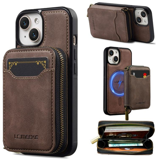 For iPhone 14 Plus LC.IMEEKE L6 Series Zipper Card Bag MagSafe Magnetic Phone Case(Coffee)