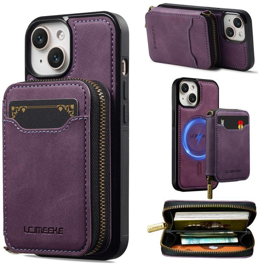 For iPhone 13 mini LC.IMEEKE L6 Series Zipper Card Bag MagSafe Magnetic Phone Case(Purple)