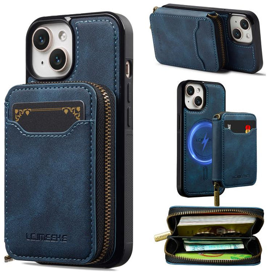 For iPhone 13 mini LC.IMEEKE L6 Series Zipper Card Bag MagSafe Magnetic Phone Case(Blue)