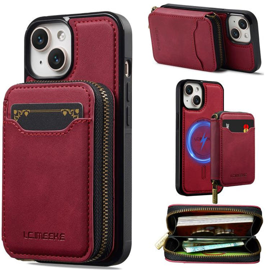 For iPhone 13 mini LC.IMEEKE L6 Series Zipper Card Bag MagSafe Magnetic Phone Case(Red)