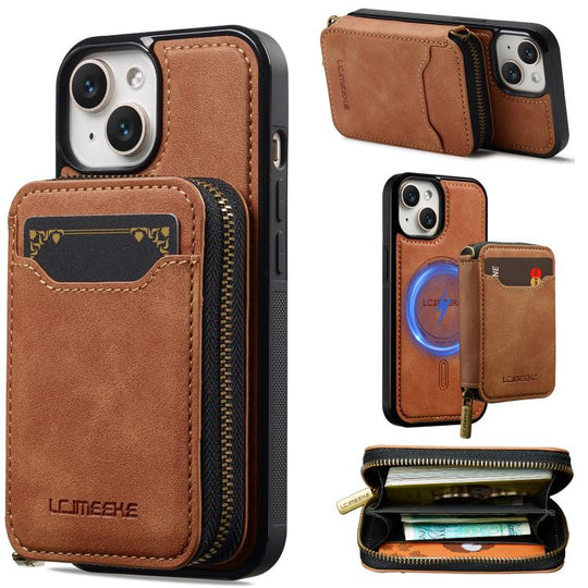For iPhone 12 mini LC.IMEEKE L6 Series Zipper Card Bag MagSafe Magnetic Phone Case(Brown)