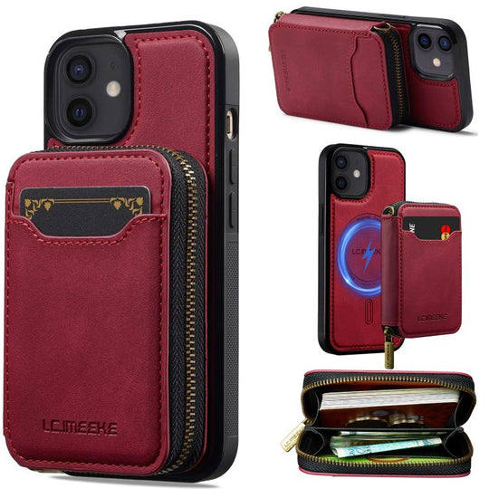 For iPhone 11 LC.IMEEKE L6 Series Zipper Card Bag MagSafe Magnetic Phone Case(Red)