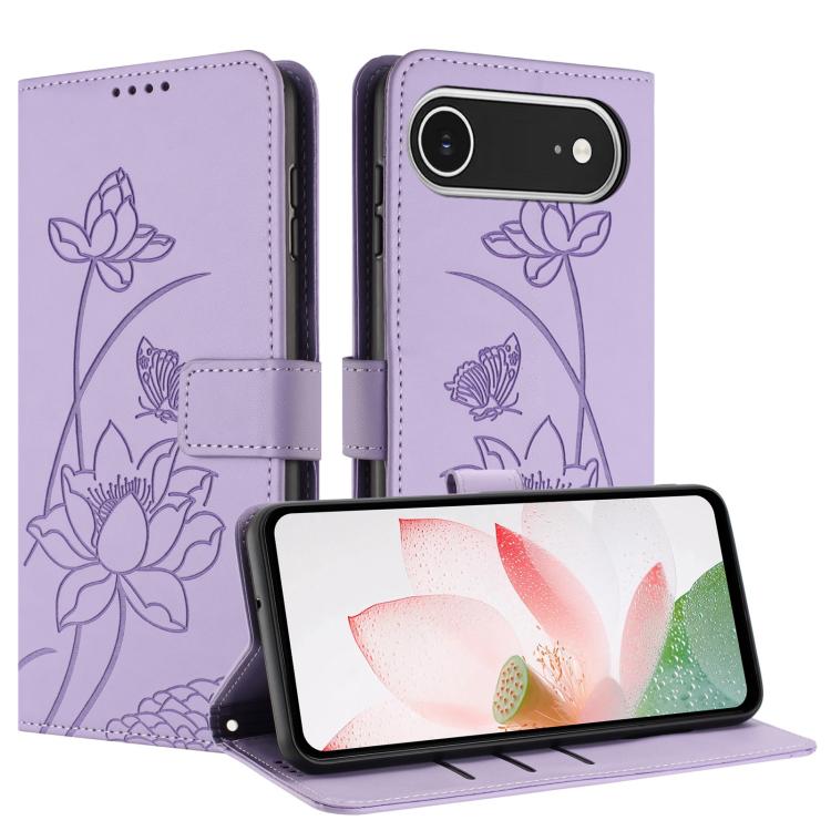 For iPhone  Air Lotus Embossed Leather Phone Case with Lanyard(Purple) - iPhone Air Cases by buy2fix | Online Shopping UK | buy2fix