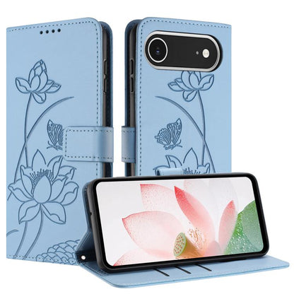 For iPhone  Air Lotus Embossed Leather Phone Case with Lanyard(Blue) - iPhone Air Cases by buy2fix | Online Shopping UK | buy2fix