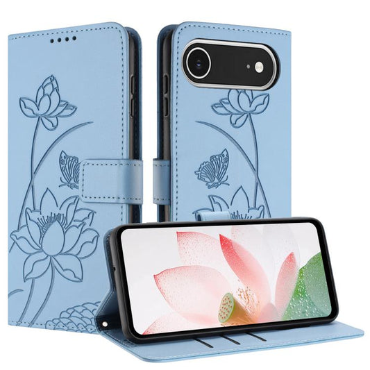 For iPhone  Air Lotus Embossed Leather Phone Case with Lanyard(Blue) - iPhone Air Cases by buy2fix | Online Shopping UK | buy2fix