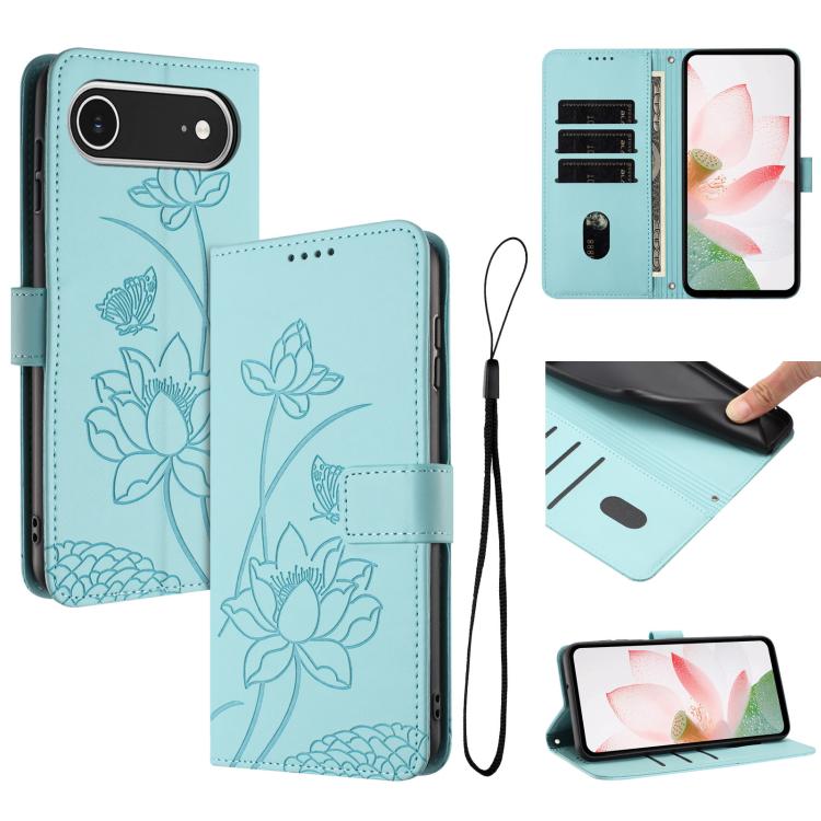 For iPhone  Air Lotus Embossed Leather Phone Case with Lanyard(Green) - iPhone Air Cases by buy2fix | Online Shopping UK | buy2fix