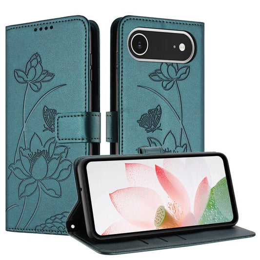 For iPhone  Air Lotus Embossed Leather Phone Case with Lanyard(Dark Green) - iPhone Air Cases by buy2fix | Online Shopping UK | buy2fix