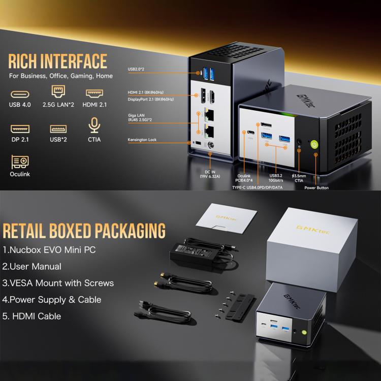 GMKtec EVO-X1 AI Mini PC, 64GB RAM + 1TB SSD, AMD Ryzen AI 9 HX 370, Radeon 890M, Oculink Port(UK Plug Black) - Barebone Mini PCs by GMKtec | Online Shopping UK | buy2fix
