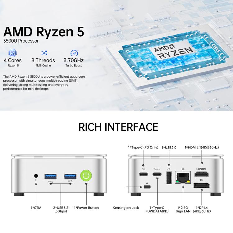 GMKtec NucBox G10 Mini PC, 16GB RAM + 512GB SSD, AMD Ryzen 5 3500U, Windows 11 Pro, WiFi, BT, HDTV, DisplayPort(US Plug Sliver) - Barebone Mini PCs by GMKtec | Online Shopping UK | buy2fix