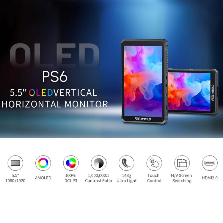 FEELWORLD PS6 5.5 inch OLED Vertical Horizontal Camera Field Video Monitor Touch Screen 4K HDMI-compatible, Plug:UK Plug(Black) - On-camera Monitors by FEELWORLD | Online Shopping UK | buy2fix