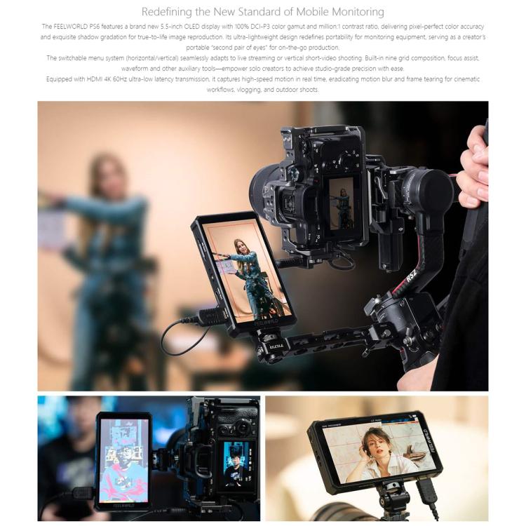 FEELWORLD PS6 5.5 inch OLED Vertical Horizontal Camera Field Video Monitor Touch Screen 4K HDMI-compatible, Plug:US Plug(Black) - On-camera Monitors by FEELWORLD | Online Shopping UK | buy2fix