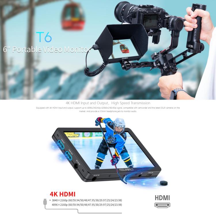 FEELWORLD T6 6 inch Camera Field Video Monitor Aluminium Housing 4K HDMI-compatible 1920x1080 IPS(Black) - On-camera Monitors by FEELWORLD | Online Shopping UK | buy2fix