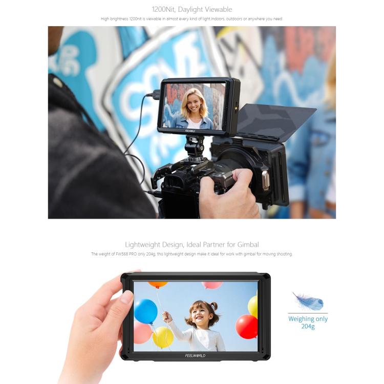 FEELWORLD FW568 Pro 6-inch 1200nit High Bright Camera DSLR Monitor 4K HDMI 60Hz IPS Screen(Black) - On-camera Monitors by FEELWORLD | Online Shopping UK | buy2fix