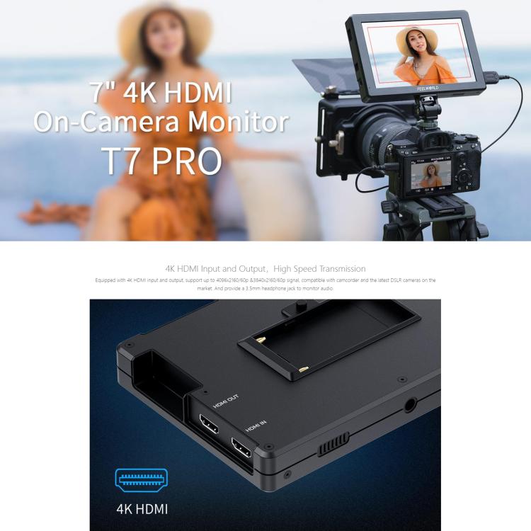 FEELWORLD T7 Pro 7-inch 2000nit Camera Field Video Monitor Aluminium Housing 4K 1920 x 1200 HDMI-compatible IPS Screen(Black) - On-camera Monitors by FEELWORLD | Online Shopping UK | buy2fix