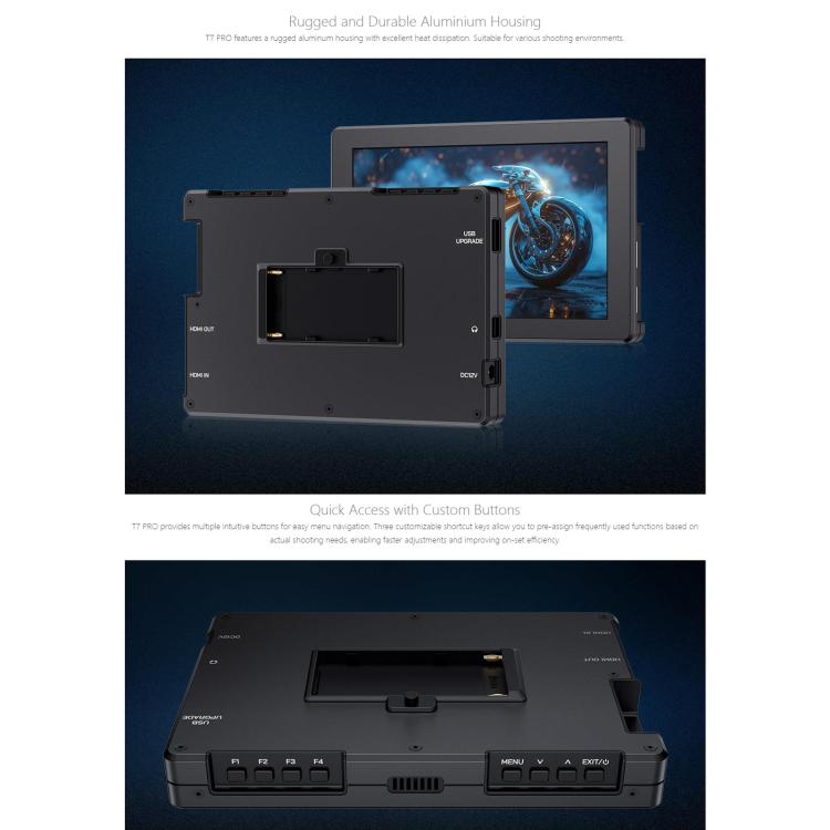 FEELWORLD T7 Pro 7-inch 2000nit Camera Field Video Monitor Aluminium Housing 4K 1920 x 1200 HDMI-compatible IPS Screen(Black) - On-camera Monitors by FEELWORLD | Online Shopping UK | buy2fix