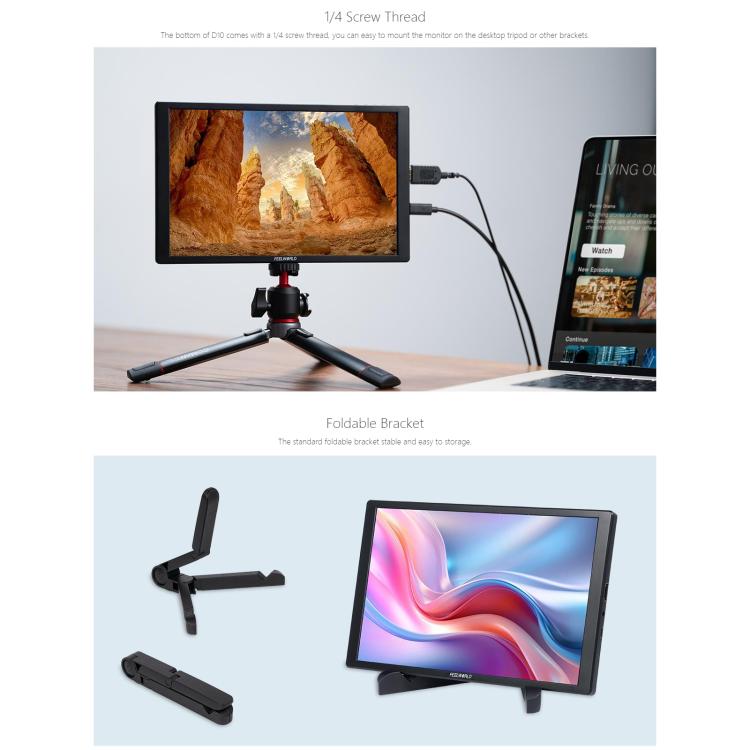 FEELWORLD D10 10.1 inch Portable External Monitor Touch FHD 1920 x 1200 USB-C HDMI-compatible Screen(Black) - On-camera Monitors by FEELWORLD | Online Shopping UK | buy2fix