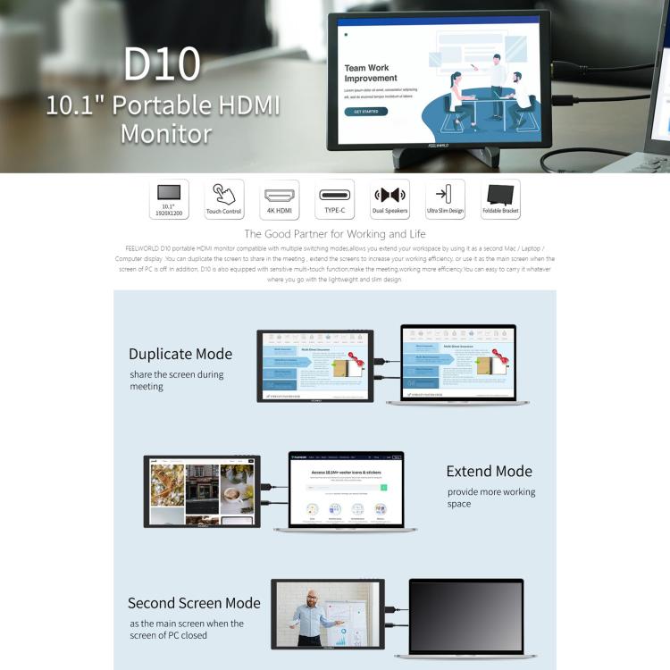 FEELWORLD D10 10.1 inch Portable External Monitor Touch FHD 1920 x 1200 USB-C HDMI-compatible Screen(Black) - On-camera Monitors by FEELWORLD | Online Shopping UK | buy2fix