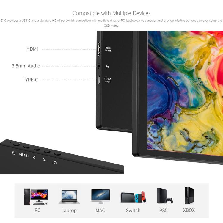 FEELWORLD D10 10.1 inch Portable External Monitor Touch FHD 1920 x 1200 USB-C HDMI-compatible Screen(Black) - On-camera Monitors by FEELWORLD | Online Shopping UK | buy2fix