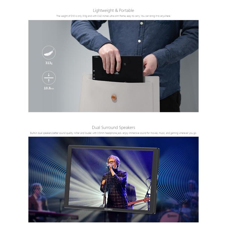 FEELWORLD D10 10.1 inch Portable External Monitor Touch FHD 1920 x 1200 USB-C HDMI-compatible Screen(Black) - On-camera Monitors by FEELWORLD | Online Shopping UK | buy2fix