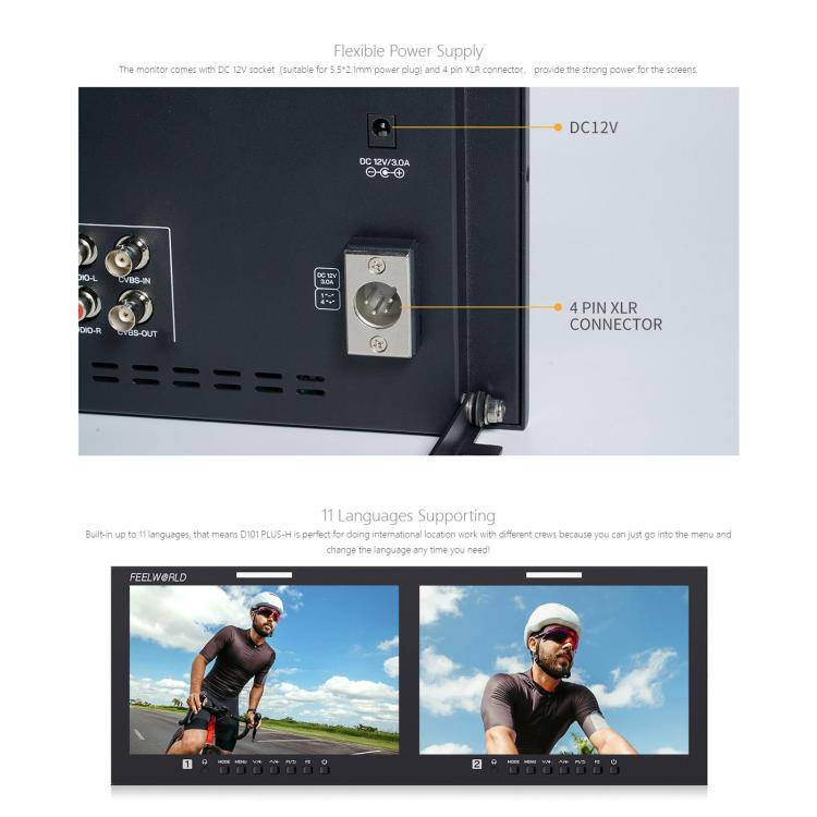 FEELWORLD D101 PLUS-H Dual 10.1 inch 4RU Rackmount Monitor 4K HDMI-compatible CVBS 1920x1200 IPS Screen, Plug:EU Plug(Black) - On-camera Monitors by FEELWORLD | Online Shopping UK | buy2fix