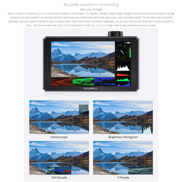FEELWORLD SC6 6-inch 1500nit High Brightness Aluminium Filed Camera Video Monitor 3G SDI 4K HDMI-compatible 60Hz 1920 x 1080 IPS Screen(Black) - On-camera Monitors by FEELWORLD | Online Shopping UK | buy2fix