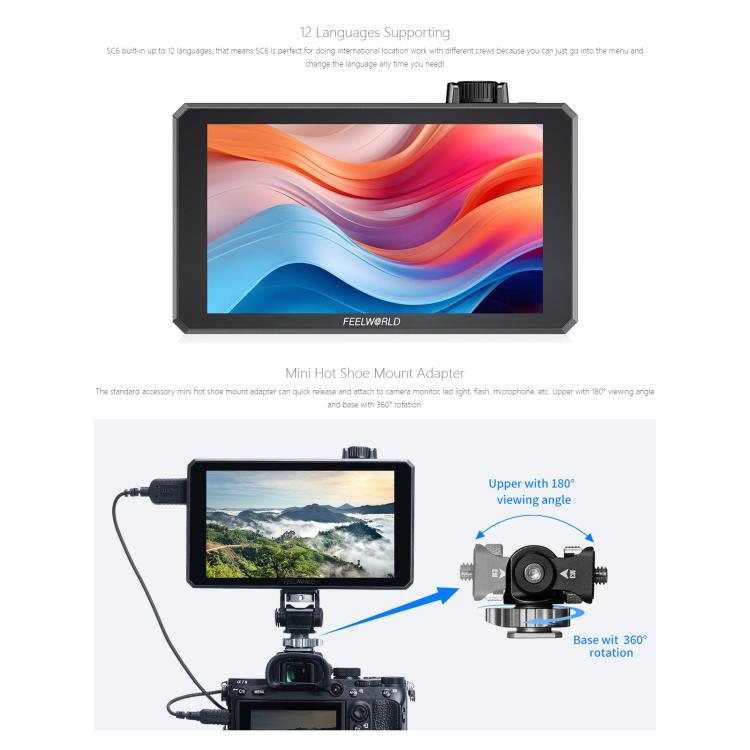 FEELWORLD SC6 6-inch 1500nit High Brightness Aluminium Filed Camera Video Monitor 3G SDI 4K HDMI-compatible 60Hz 1920 x 1080 IPS Screen(Black) - On-camera Monitors by FEELWORLD | Online Shopping UK | buy2fix