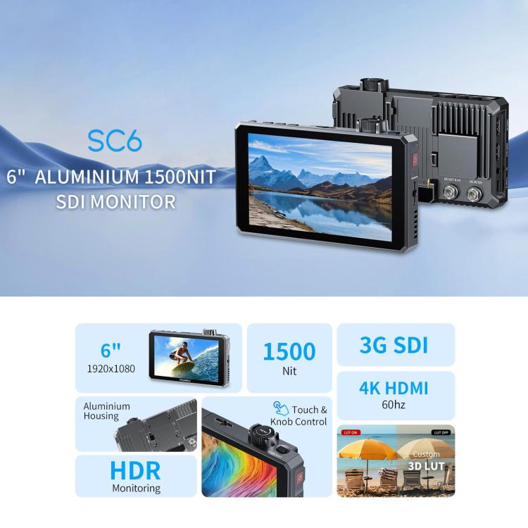 FEELWORLD SC6 6-inch 1500nit High Brightness Aluminium Filed Camera Video Monitor 3G SDI 4K HDMI-compatible 60Hz 1920 x 1080 IPS Screen(Black) - On-camera Monitors by FEELWORLD | Online Shopping UK | buy2fix