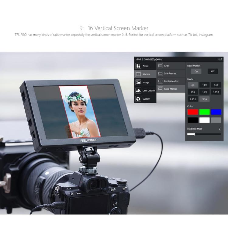 FEELWORLD T7S Pro 7-inch 2000nit High Brightness Filed Camera Video Monitor 3G SDI 4K 60Hz HDMI-compatible 1920 x 1200 IPS Screen(Black) - On-camera Monitors by FEELWORLD | Online Shopping UK | buy2fix