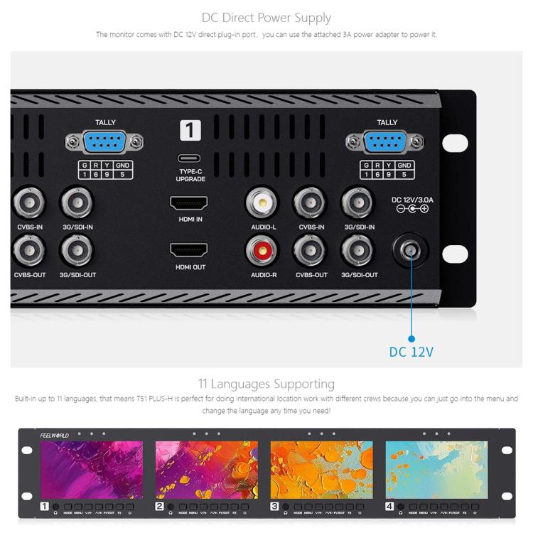 FEELWORLD Q41 Quad 4.5 inch 2RU Rackmount Monitor 3G-SDI 4K HDMI-compatible AV Input and Output, US Plug(Black) - On-camera Monitors by FEELWORLD | Online Shopping UK | buy2fix