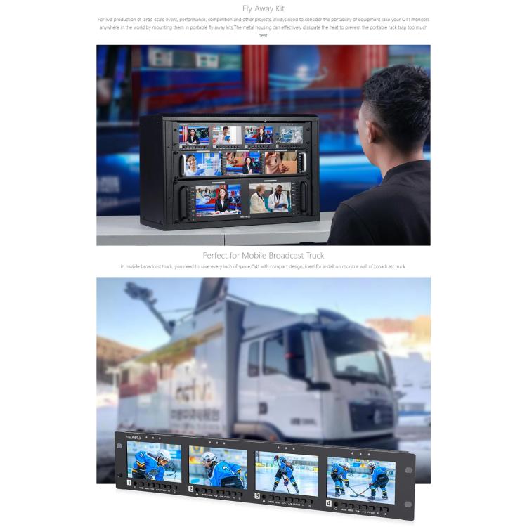 FEELWORLD Q41 Quad 4.5 inch 2RU Rackmount Monitor 3G-SDI 4K HDMI-compatible AV Input and Output, UK Plug(Black) - On-camera Monitors by FEELWORLD | Online Shopping UK | buy2fix