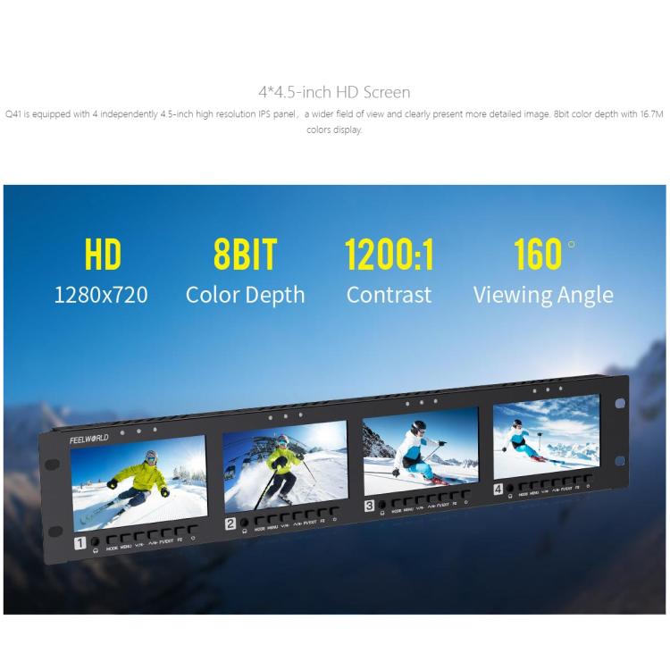 FEELWORLD Q41 Quad 4.5 inch 2RU Rackmount Monitor 3G-SDI 4K HDMI-compatible AV Input and Output, UK Plug(Black) - On-camera Monitors by FEELWORLD | Online Shopping UK | buy2fix
