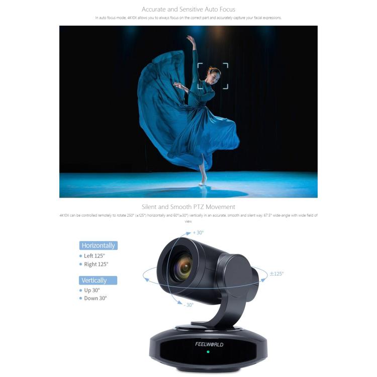 FEELWORLD 4K10X 4K PTZ Camera 10X Optical Zoom AI Tracking HDMI-compatible USB IP Remote Control(US Plug) - HD Camera by FEELWORLD | Online Shopping UK | buy2fix