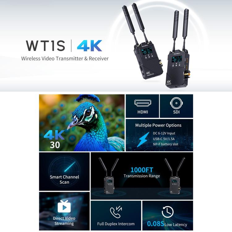 FEELWORLD WT1S 4K Wireless Video Transmission System SDI + Dual HDMI-compatible Full Duplex Intercom Live Streaming(Black) - Amplifier by FEELWORLD | Online Shopping UK | buy2fix