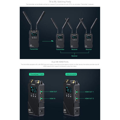 FEELWORLD WT1H 4K Wireless Video Transmission System Dual HDMI-compatible Full Duplex Intercom Live Streaming(Black) - Amplifier by FEELWORLD | Online Shopping UK | buy2fix