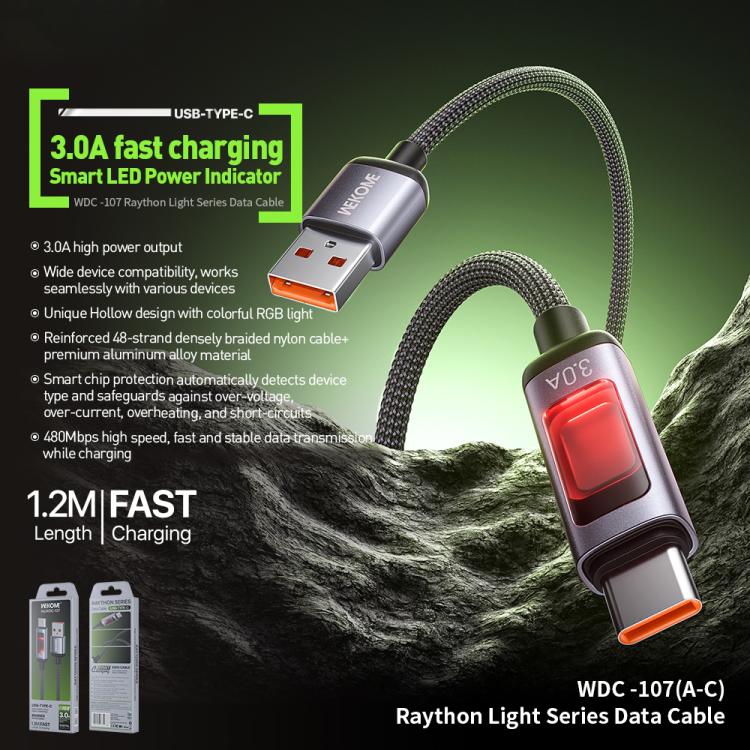 WK WDC-107 3A Intelligent Digital Display USB to Type-C Fast Charging Data Cable, Length: 1.2m(Black) - USB-C & Type-C Cable by WK | Online Shopping UK | buy2fix