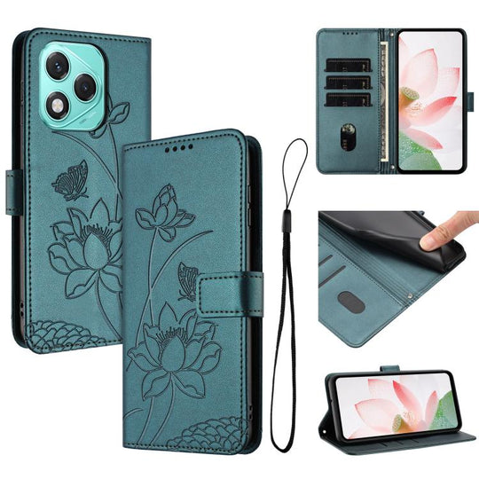 For Honor 400 Lite Global Lotus Embossed Leather Phone Case with Lanyard(Dark Green)