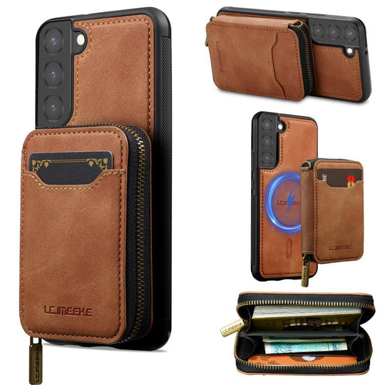 For Samsung Galaxy S22+ 5G LC.IMEEKE L6 Series Zipper Card Bag MagSafe Magnetic Phone Case(Brown)