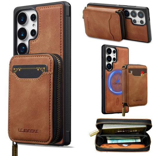 For Samsung Galaxy S25 Ultra 5G LC.IMEEKE L6 Series Zipper Card Bag MagSafe Magnetic Phone Case(Brown)