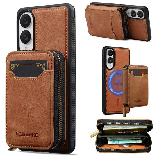 For Samsung Galaxy S25 Edge 5G LC.IMEEKE L6 Series Zipper Card Bag MagSafe Magnetic Phone Case(Brown)