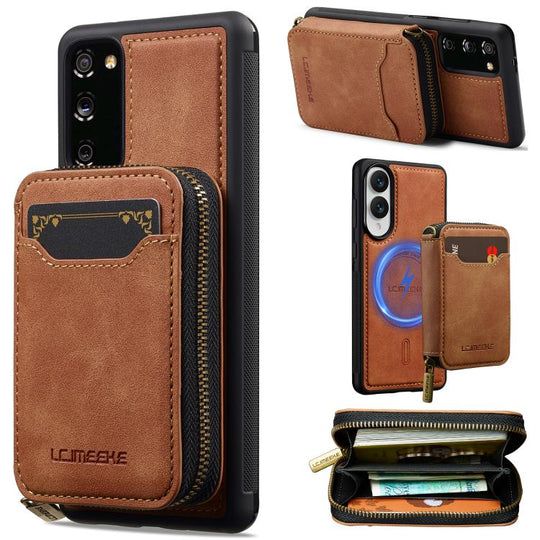 For Samsung Galaxy S20 FE 5G LC.IMEEKE L6 Series Zipper Card Bag MagSafe Magnetic Phone Case(Brown)